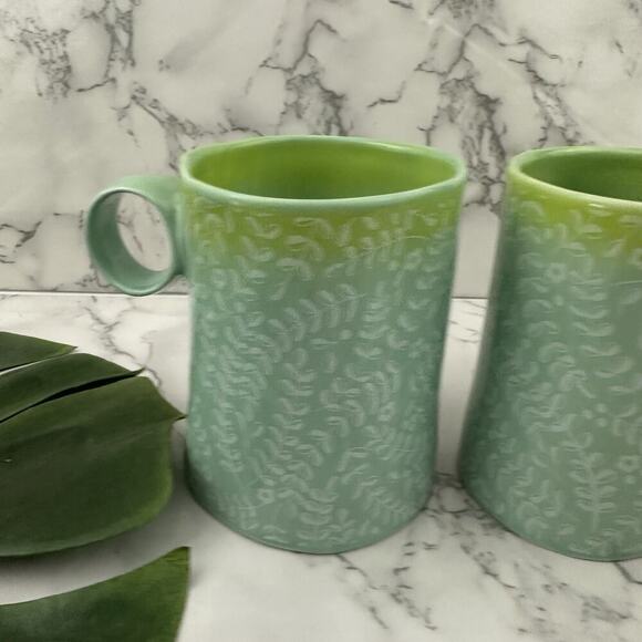 Anthropologie Floral Ombre Coffee Mug Set of 2 Green Blue Rustic Shape Cups - Picture 2 of 8